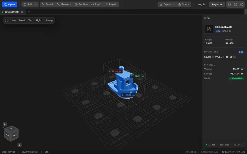 A 3DBenchy on the viewer&rsquo;s build-plate grid with its bounding box and dimensions, ready to check against printer build volume