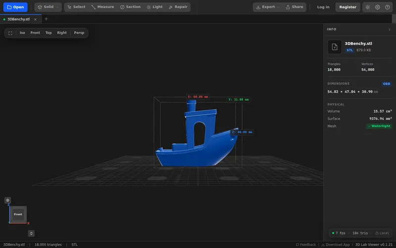 3D Lab Viewer bounding box around a 3DBenchy showing X 60mm, Y 31mm, Z 48mm dimension labels
