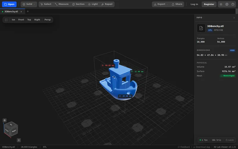 3D Lab Viewer showing a translucent bounding box around a 3DBenchy model with color-coded X, Y and Z dimension labels