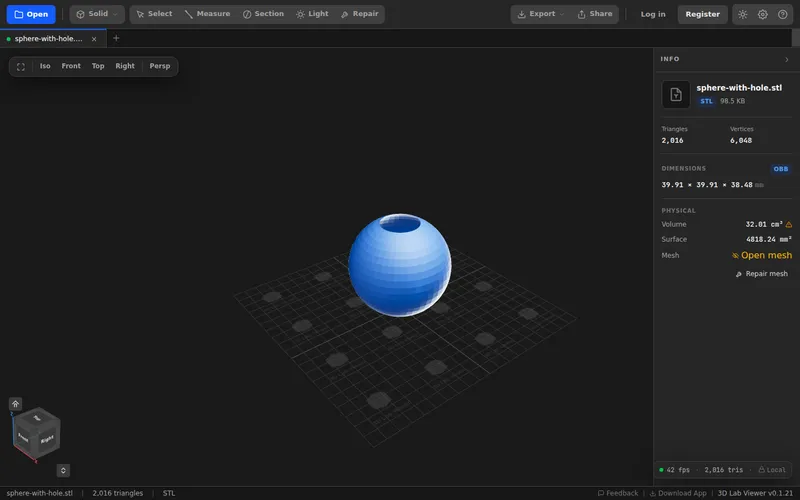 3D Lab Viewer showing an STL with a hole in the top, flagged &ldquo;Open mesh&rdquo; in the info panel with a Repair mesh button