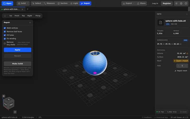 The Repair panel with checkboxes for Weld vertices, Remove bad faces, Fill holes, Fix winding, and Remove tiny shells, plus Apply, Revert and Make Solid buttons
