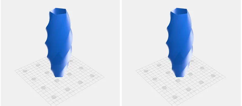 The vase with a soft ground shadow beneath it on the left, and with the shadow turned off on the right