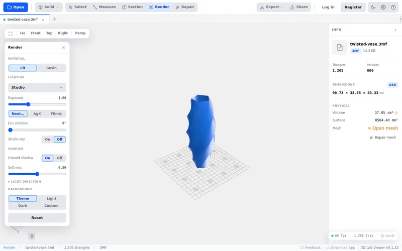 The Render panel open in 3D Lab Viewer, showing Material, Lighting, Shadow and Background controls beside a twisted vase